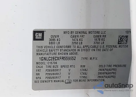 2015 Chevrolet Tahoe Commercial Fleet from USA, damaged, VIN 1GNLC2ECXFR559652